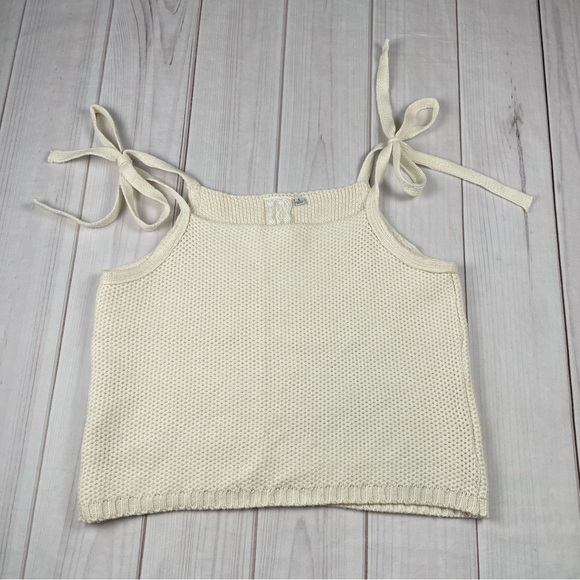 Sadie & Sage Tops - Sadie & Sage Knitted Top Women’s S Cream Boho Tie Shoulder Minimalist Cropped